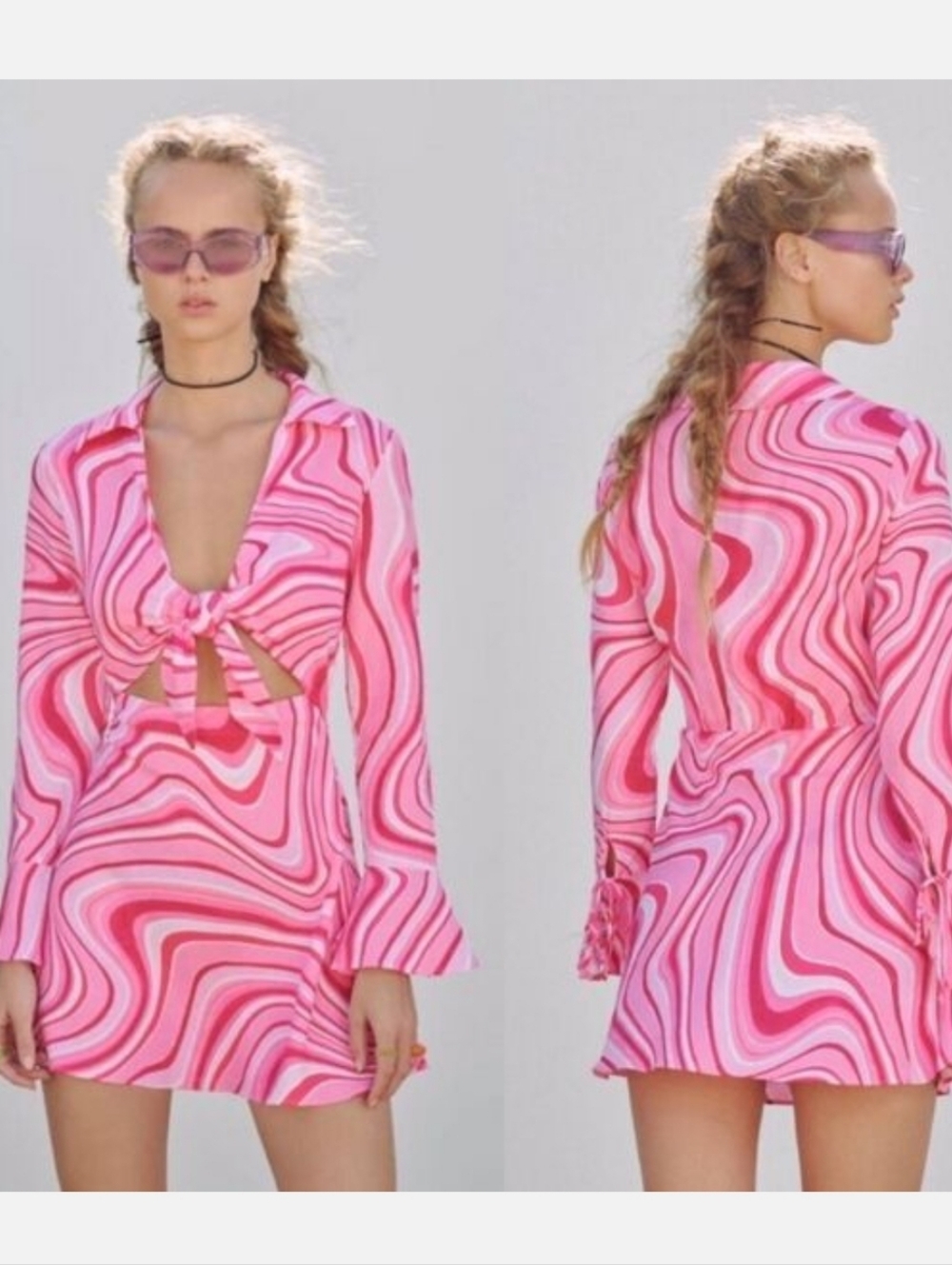Zara Linen Retro Pink Swirl Mini Dress XL 70s Groovy‎ Barbiecore Hippie Chic